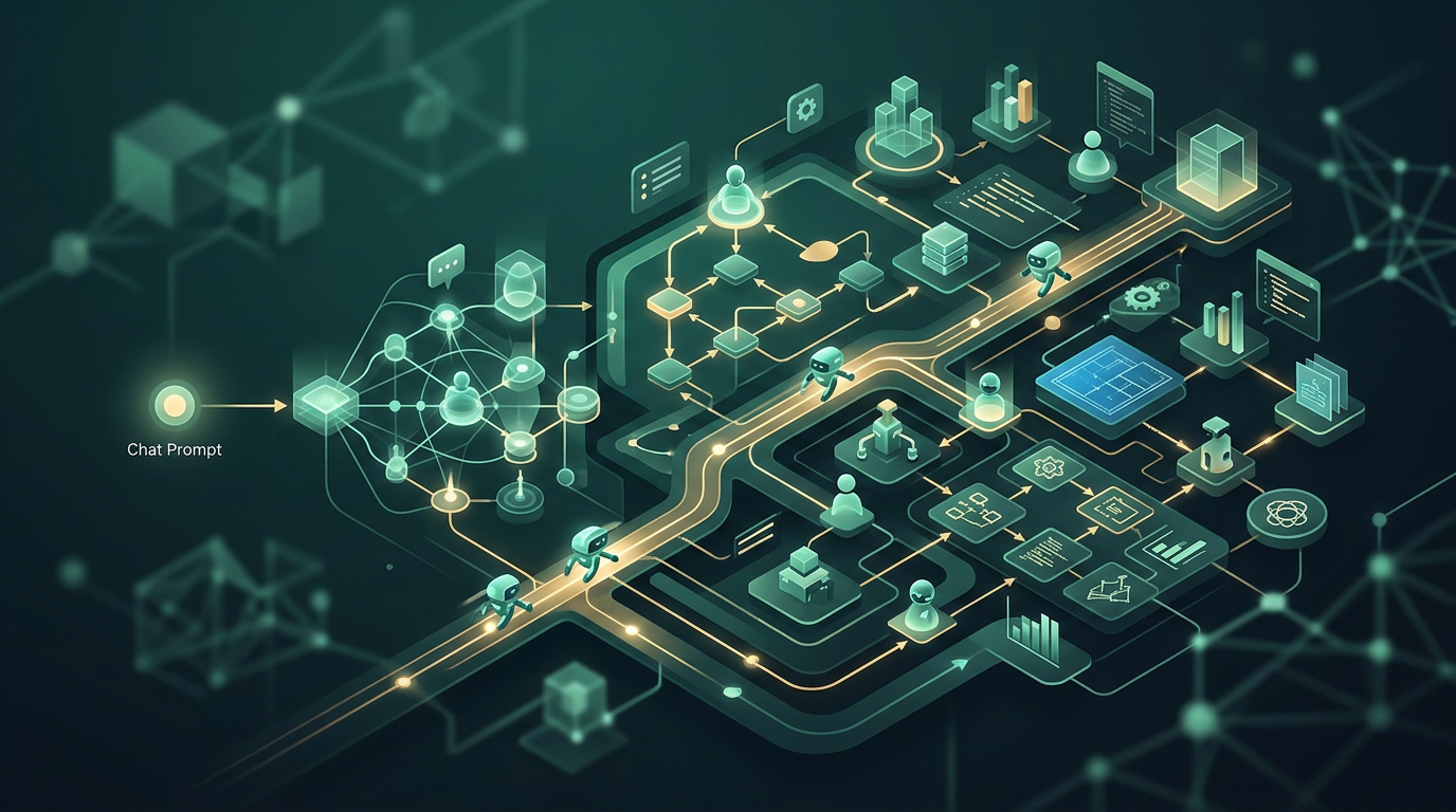 Technical diagram showing multiple AI agents interacting to solve a complex business task.