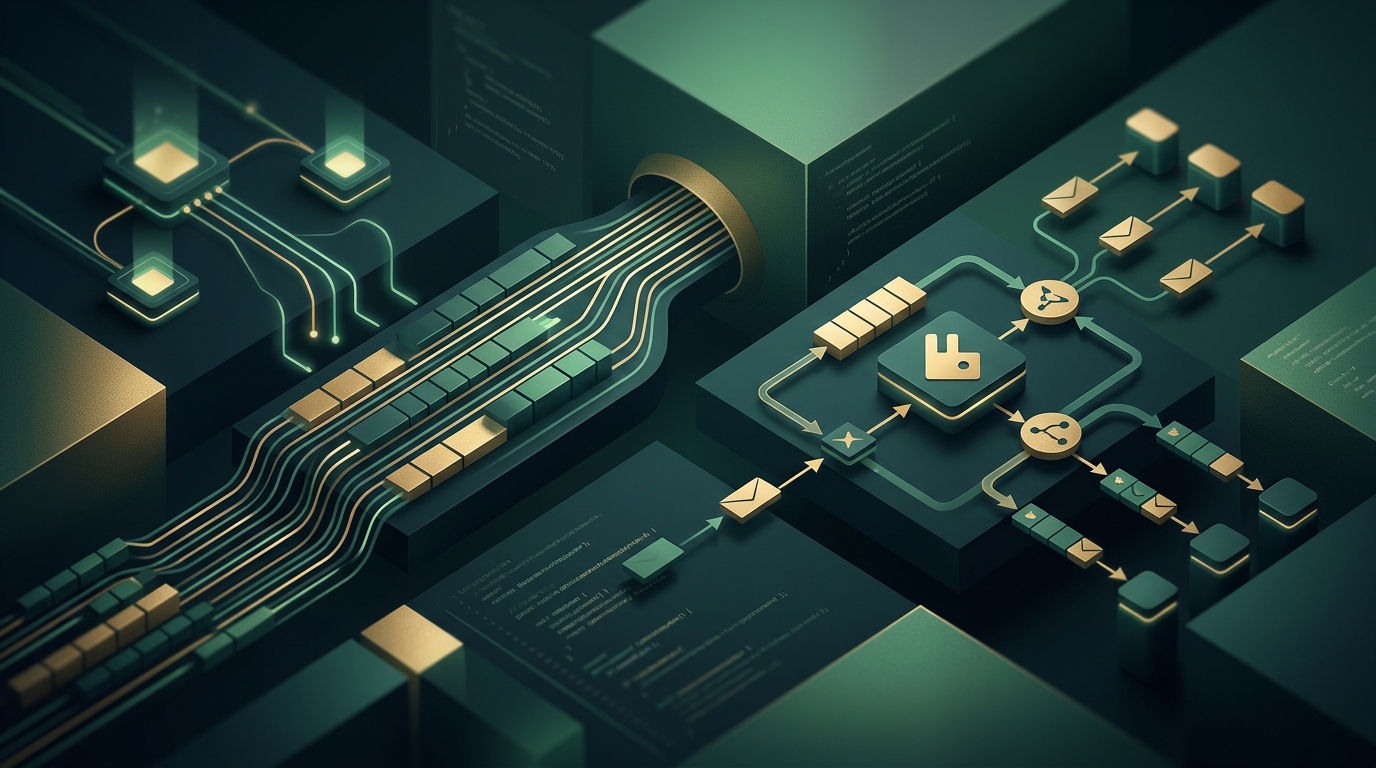 Technical comparison diagram between Kafka and RabbitMQ data flows in a microservices network.