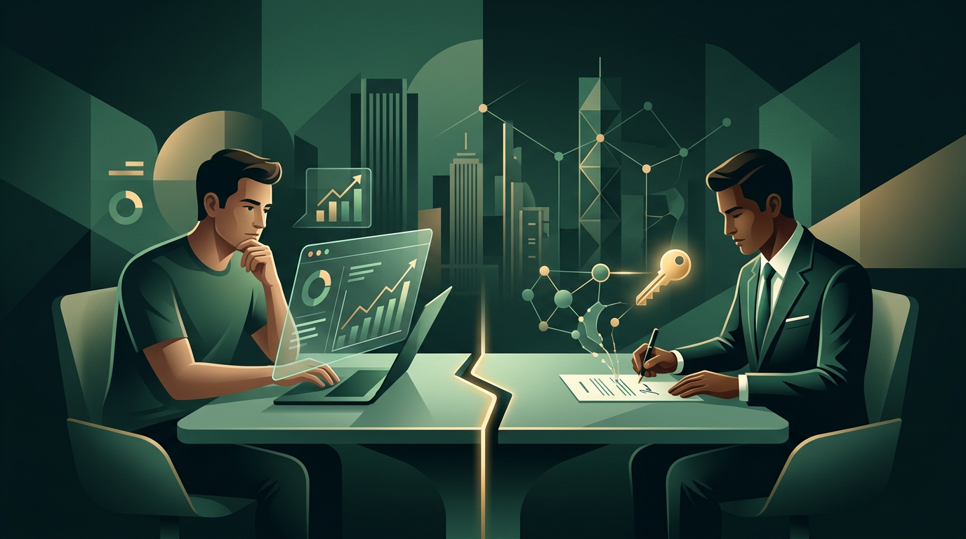 Comparativa estratégica entre un líder técnico a tiempo parcial y un socio fundador en una oficina moderna.