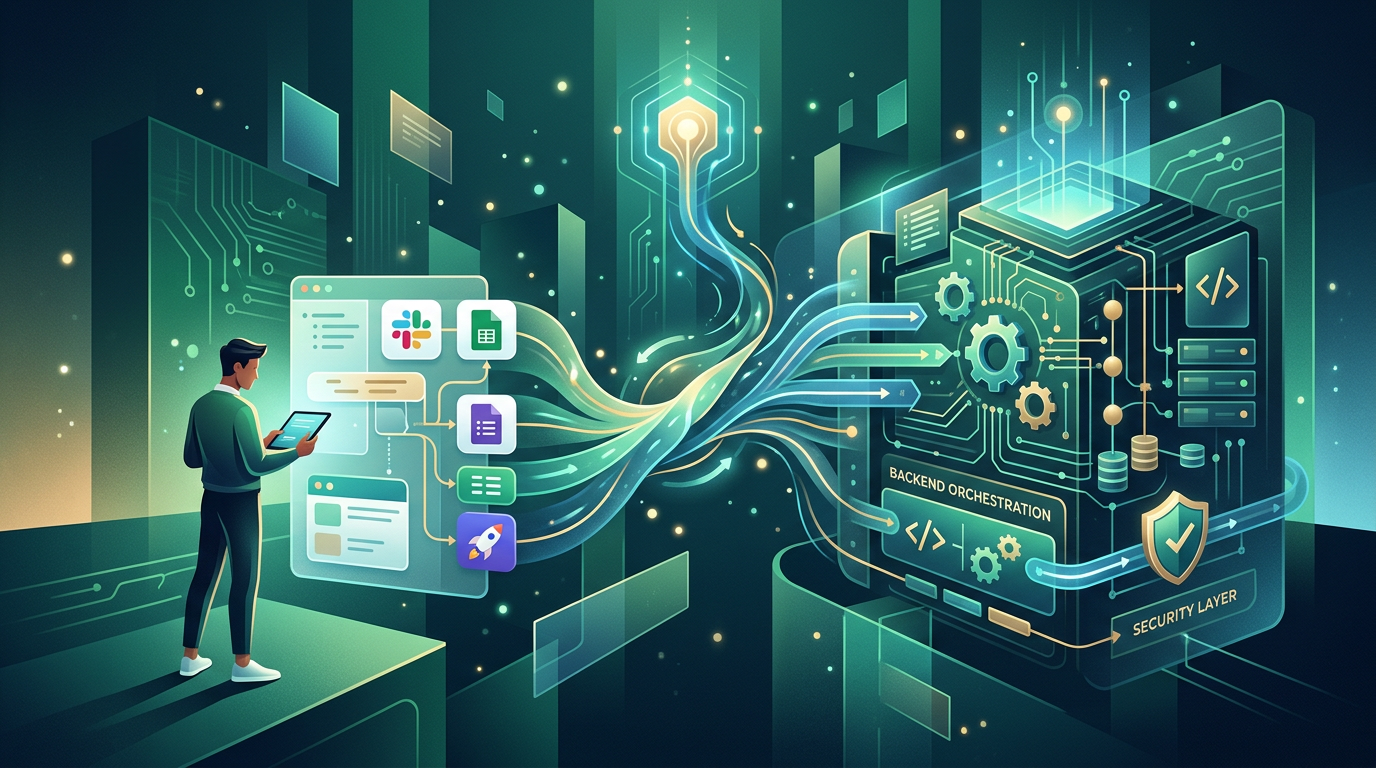 Fluxograma conectando interfaces no-code com servidores de banco de dados e microsserviços