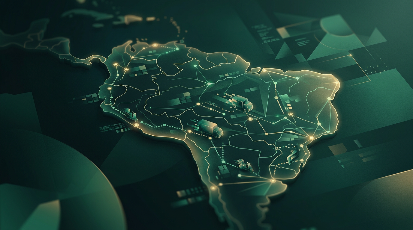 Mapa digital de una ciudad latinoamericana con rutas optimizadas por IA resaltadas en neón