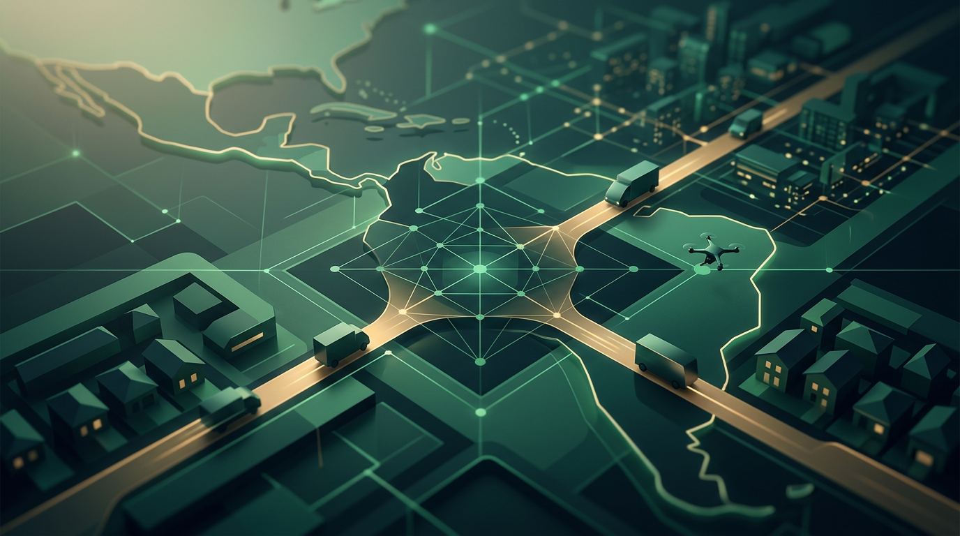 Mapa digital de una ciudad latinoamericana con rutas de entrega optimizadas mediante nodos de inteligencia artificial
