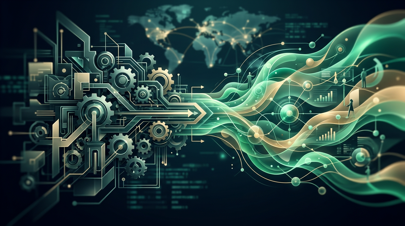 Ilustración de un flujo de trabajo digital conectando bases de datos con nodos de IA y herramientas de automatización.