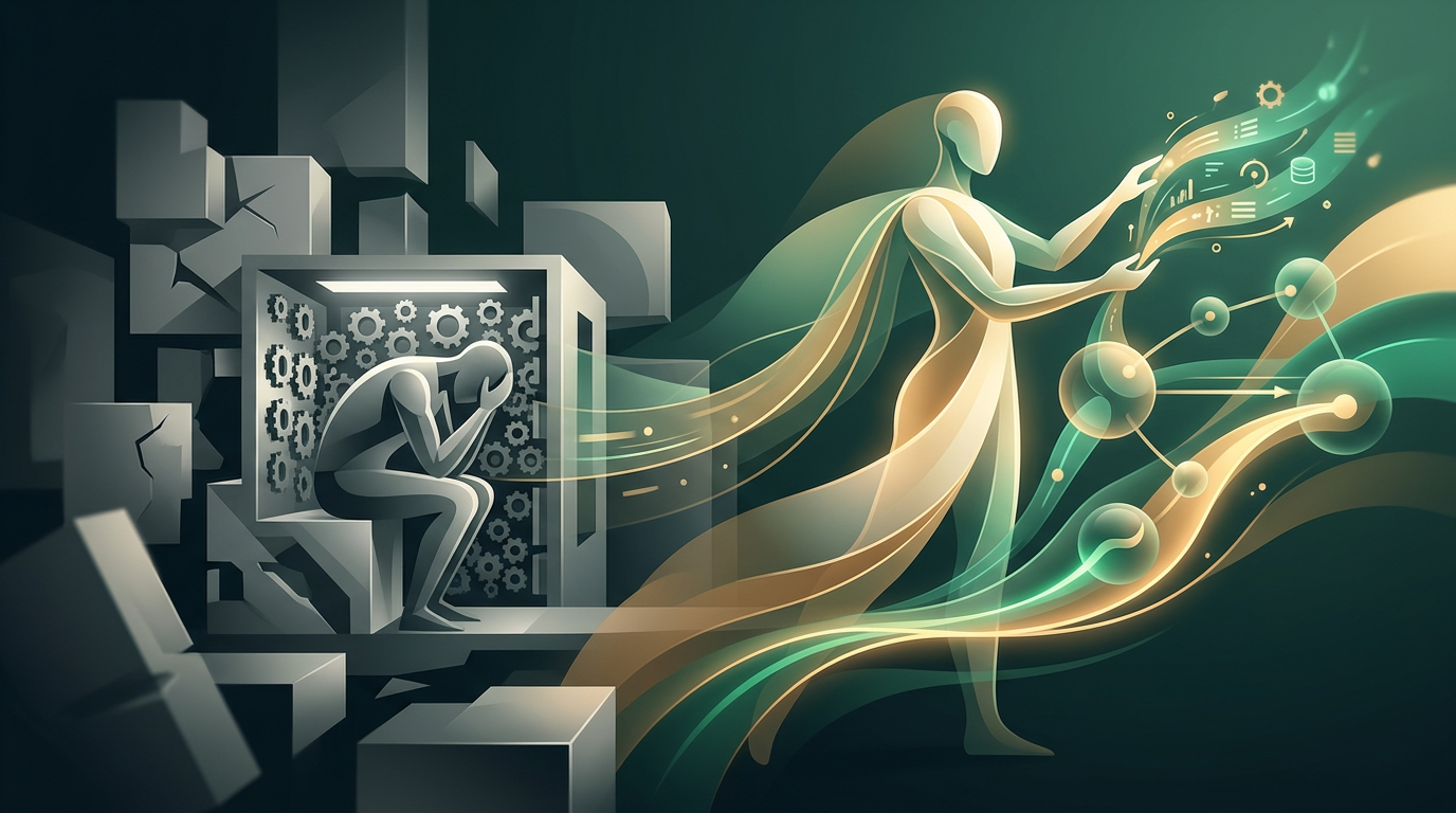 Ilustração de um fluxo de trabalho digital conectando diferentes ícones de aplicativos de forma fluida e moderna.