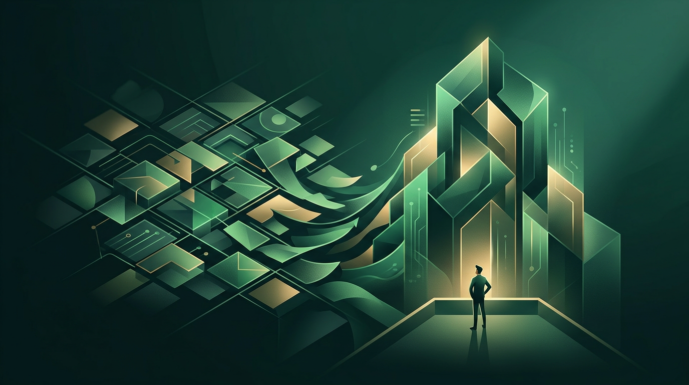 Ilustração conceitual de uma empresa quebrando correntes de assinaturas de software.
